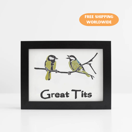 A photo of an art print. It has two blue tits on a branch. Text reads, Great Tits